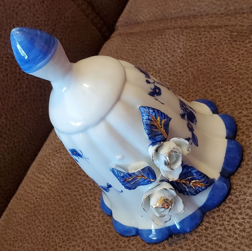 Collectible bell white and blue with roses and gold accents